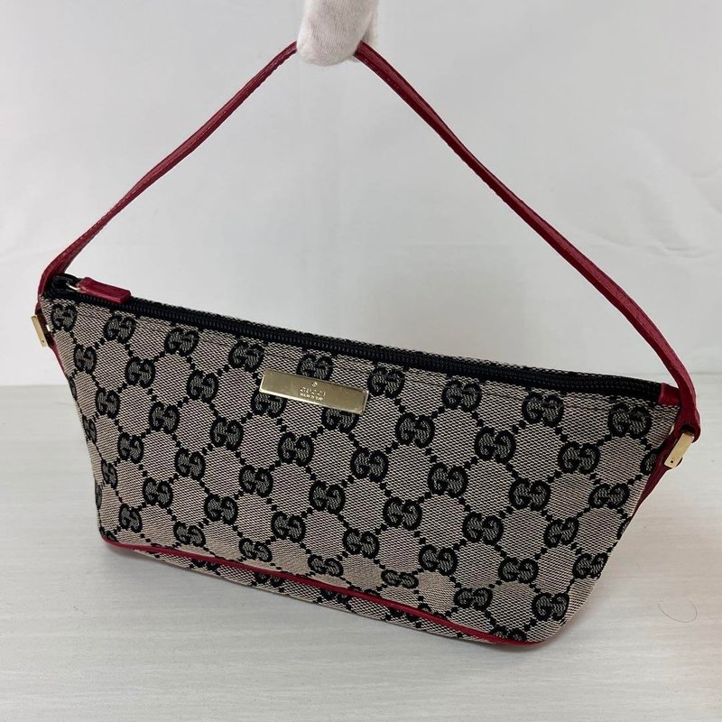 正品 Gucci Accessory Pouch 手提包，GG 帆布和皮革，米色配海军红， 039/1103，二手 - 化妆包/杂物包 - 其他材质 