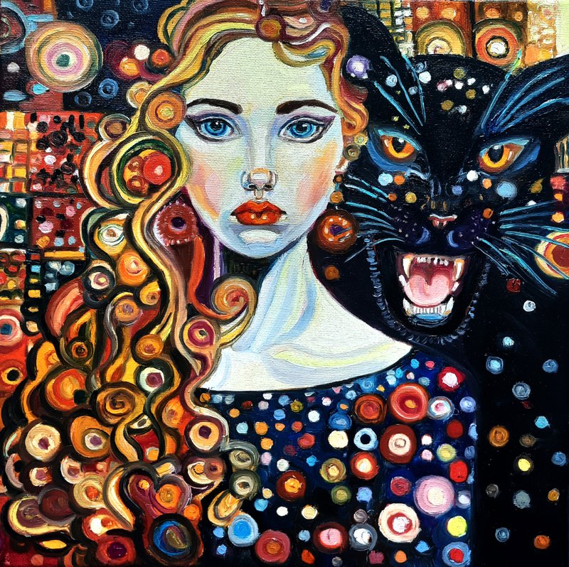 原创画 The Girl with a Cat Painting 原创艺术油画 布面油画 - 墙贴/壁贴 - 其他材质 橘色