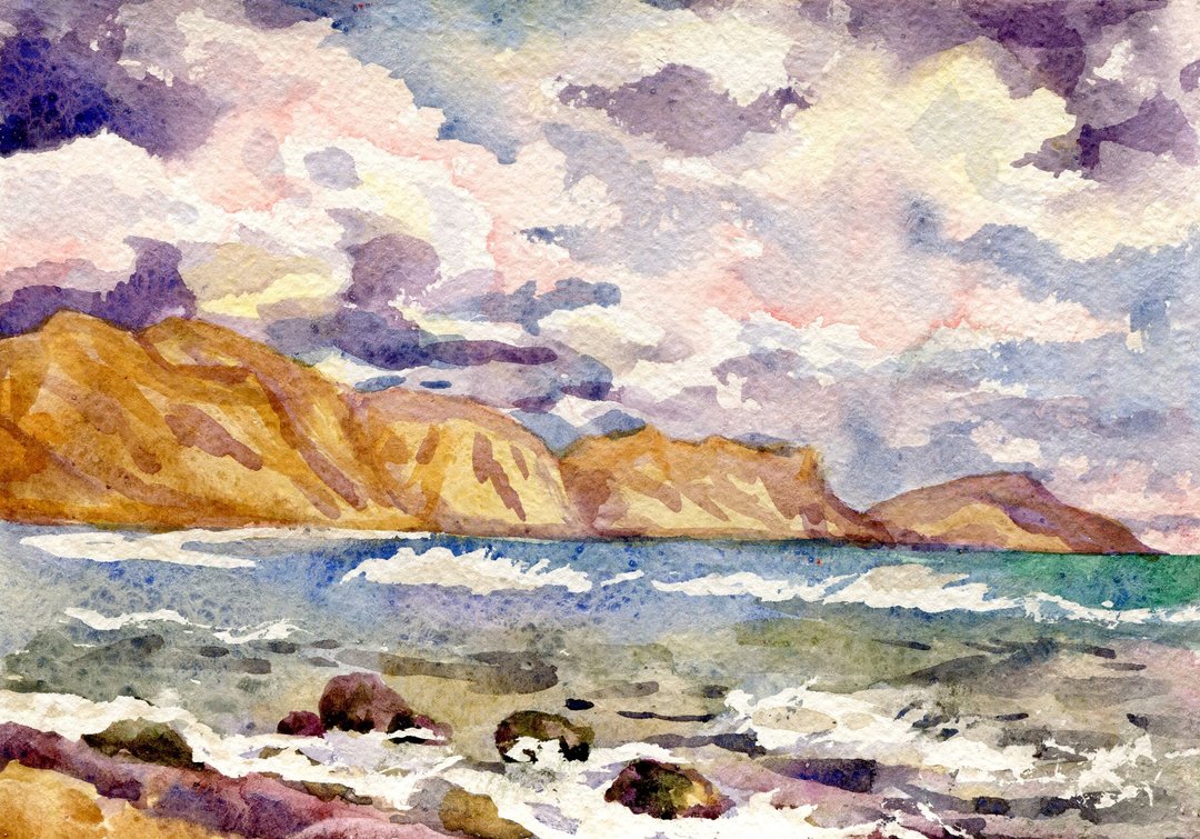 Seascape WATERCOLOR PAINTING ORIGINAL gift landscape Picture on the wall - 海报/装饰画/版画 - 纸 紫色