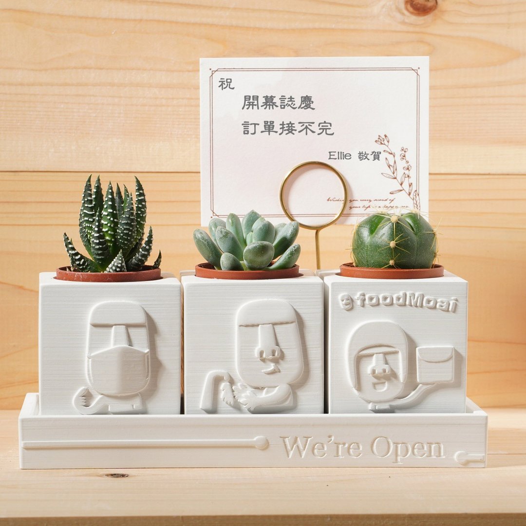 【开幕礼3】 | We're Open 防疫摩艾 | 多肉植物水泥盆栽4件组 - 植栽/盆栽 - 水泥 白色