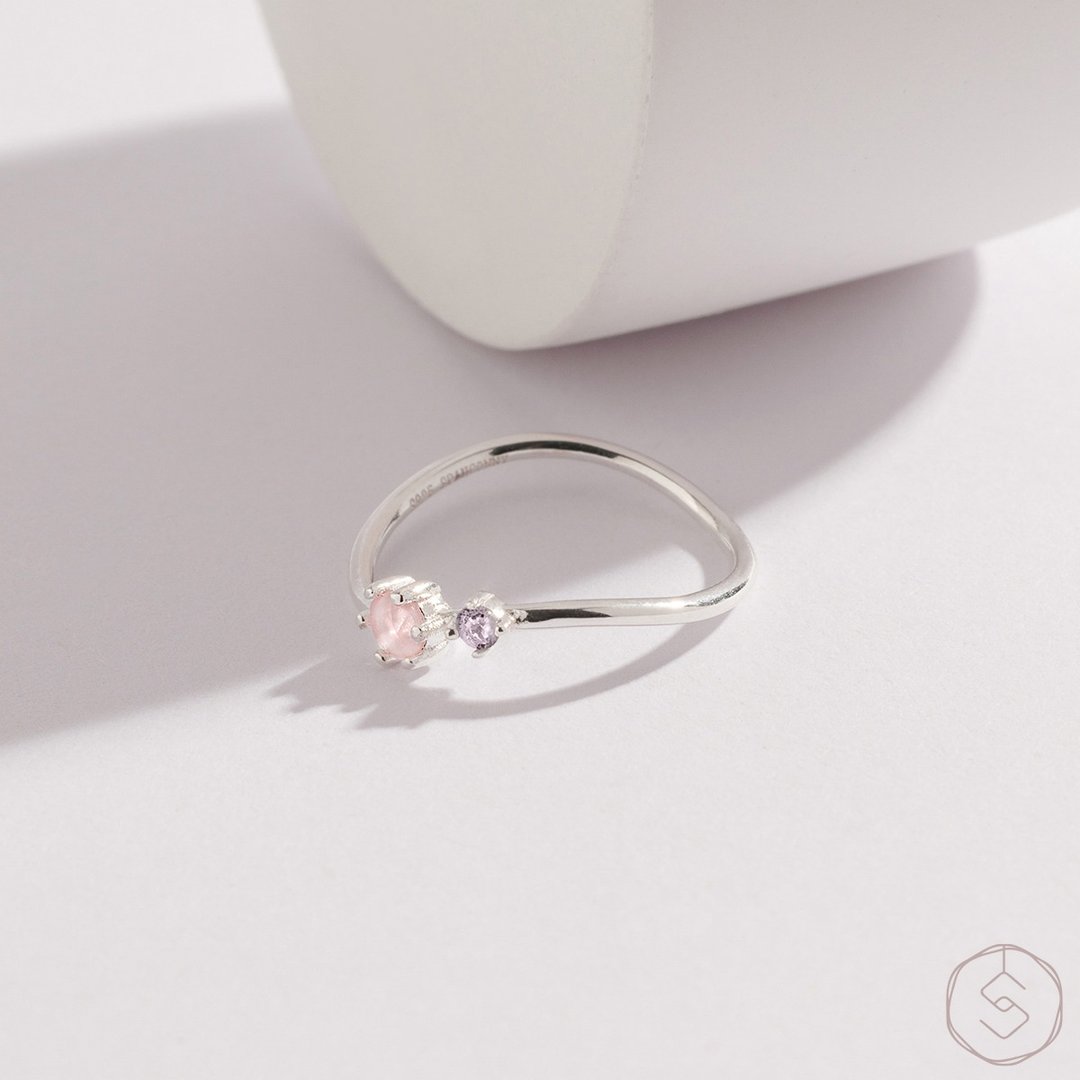 缪思 MUSE | 粉水晶 堇青石 S925 纯银 | 微光双钻线戒 - 戒指 - 水晶 粉红色