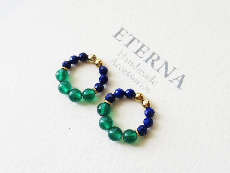 Green onyx and lapis lazuli, tiny hoop earrings 夾式耳環 - 耳环/耳夹 - 石头 绿色