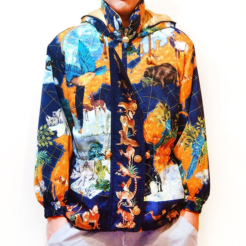 小牛村 Calf Village 古着 vintage 饱和满版图 铺棉连帽外套 鹿 老虎 犀牛 企鹅 鹦鹉 羚羊 {野生动物-深海蓝} 独一无二 - 中性连帽卫衣/T 恤 - 棉．麻 蓝色