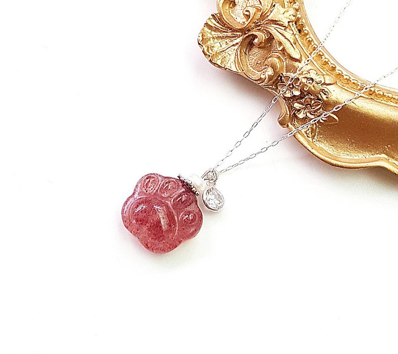 天然草莓晶可爱红润猫掌x淡水珍珠925纯银项链项链 - 项链 - 水晶 红色