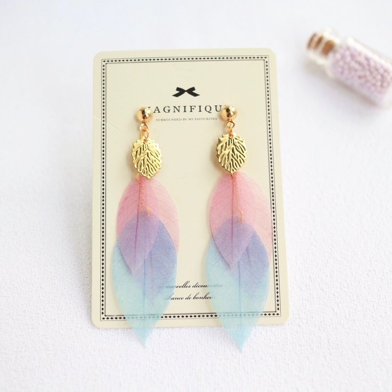 梦幻真丝纱叶子粉蓝色拼垂坠耳环垂吊耳环 - 耳环/耳夹 - 丝．绢 粉红色