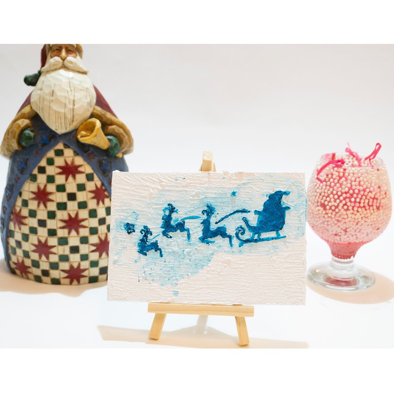 Reindeer Painting Christmas Holidays Original Art Vintage Santa Claus On Sleigh - 海报/装饰画/版画 - 其他材质 蓝色