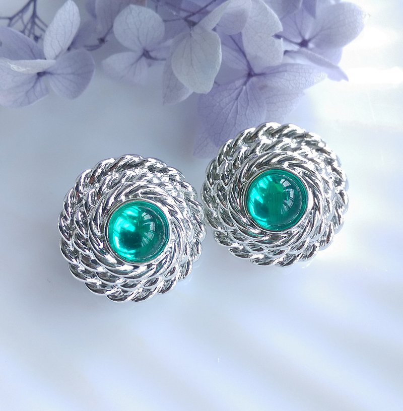 Vintage Jewelry 西洋古董饰品 银色调 绿 针式耳环 - 耳环/耳夹 - 其他金属 透明