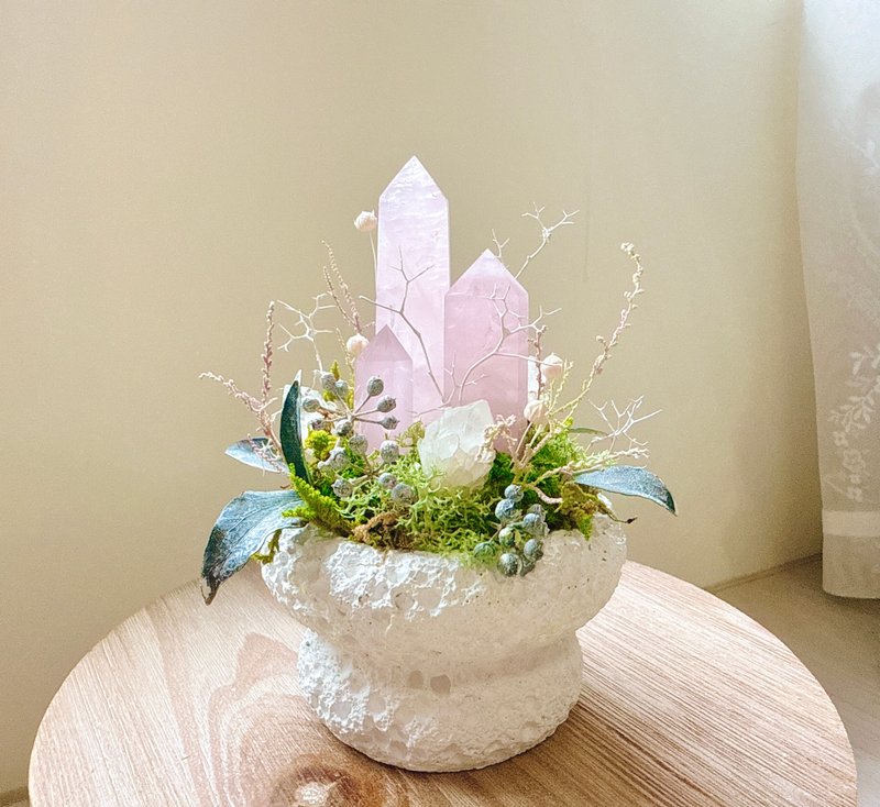 相遇的缘分。粉水晶 白水晶簇 永生叶材绿植栽 - 植栽/盆栽 - 水晶 粉红色