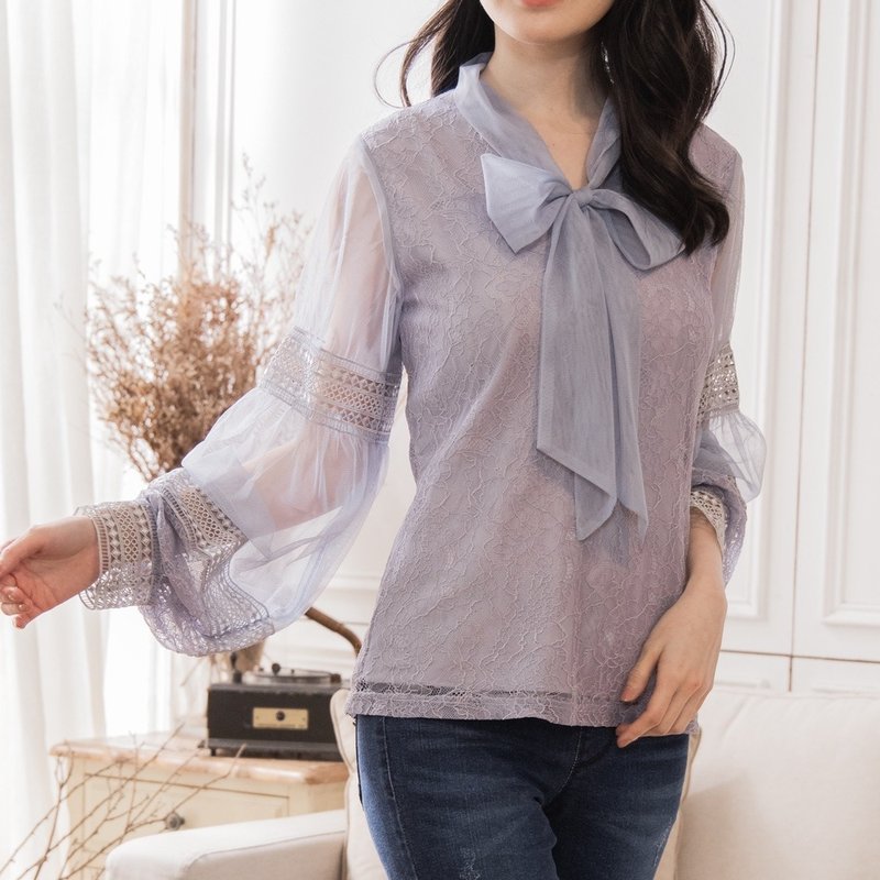 蕾丝拼接知性绑带上衣  蓝紫 - 女装上衣 - 聚酯纤维 蓝色