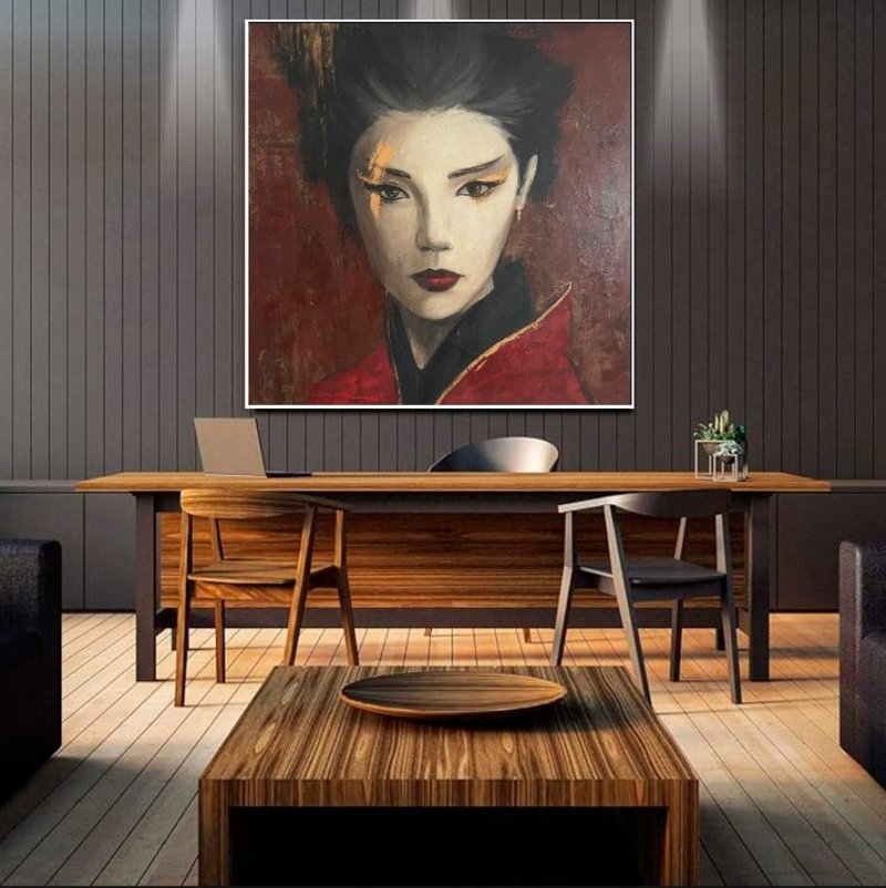 大型抽象亚洲女性画布黑色和红色具象绘画 - 墙贴/壁贴 - 压克力 多色