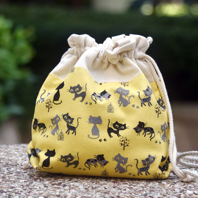 三合一肩背/斜背/手提束口水桶包 ~ 猫咪(A43) - 侧背包/斜挎包 - 棉．麻 黄色