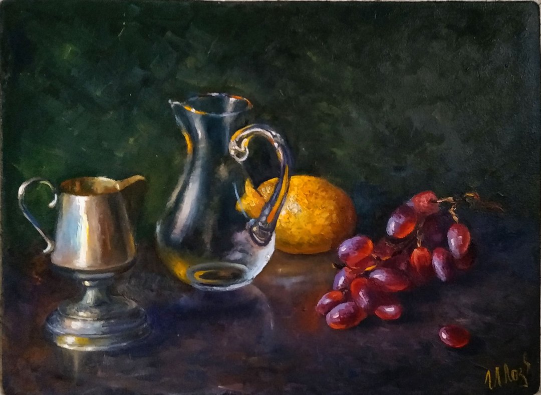 Still life painting Original Art Lemon Grape Artwork Fruits Wall Art Food Art - 墙贴/壁贴 - 其他材质 多色