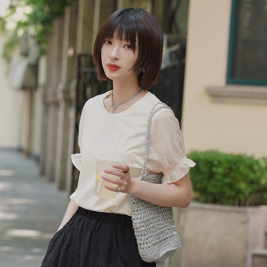 拼接小口袋短袖上衣|T恤|夏款|棉|Sora-507 - 女装衬衫 - 棉 