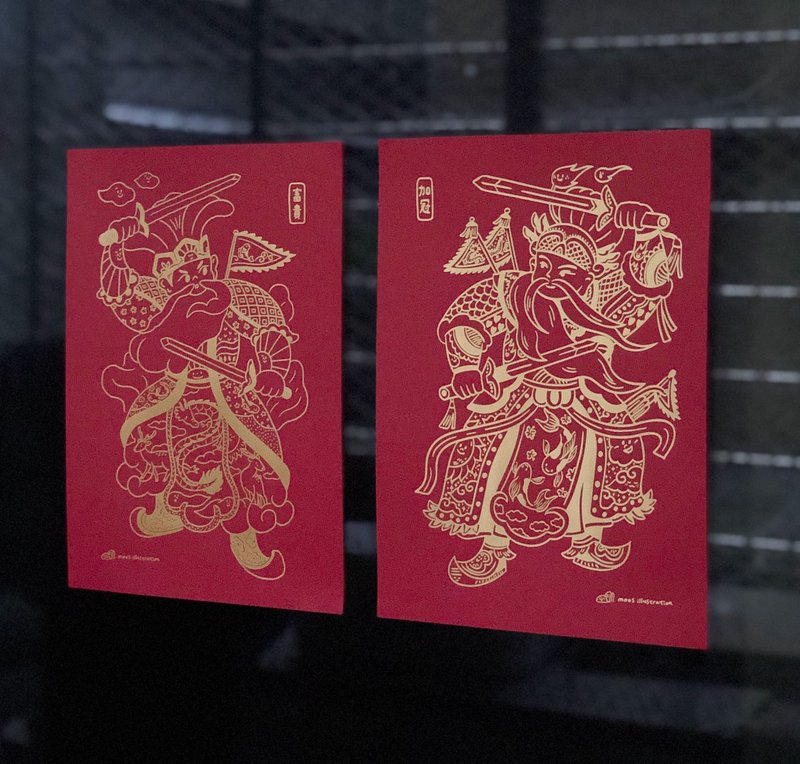 加冠富贵烫金门神对联/赠喜气茶花贴纸 马年春联挥春 - 红包/春联 - 纸 红色