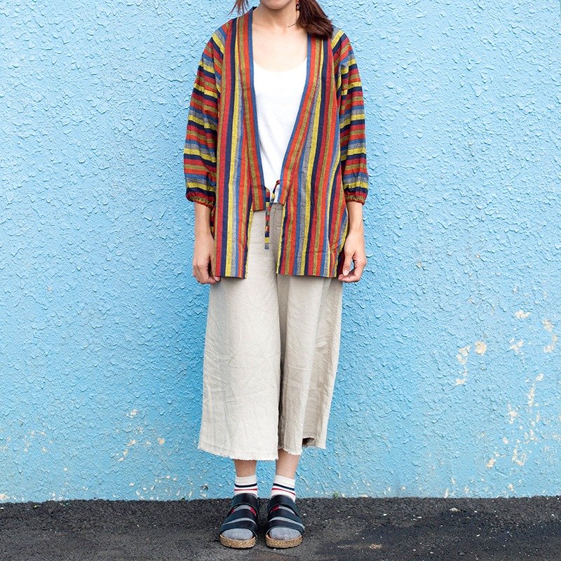 小牛村 Calf Village 古着 vintage 中性 日式棉麻 罩衫外套 浴衣 绊缠 半天 彩色条纹 {彩虹甚平}【V-15】 - 背带裤/连体裤 - 棉．麻 多色