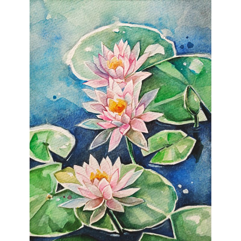 Water lily painting lotus art original painting watercolor flower hand painted - 海报/装饰画/版画 - 纸 蓝色