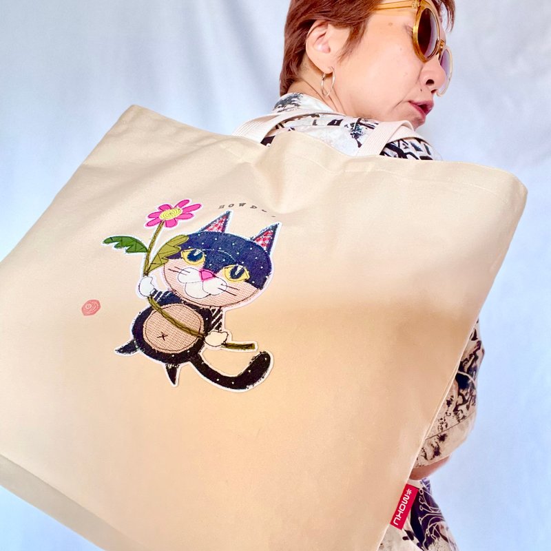 肩背托特包・花朵 - 侧背包/斜挎包 - 棉．麻 卡其色