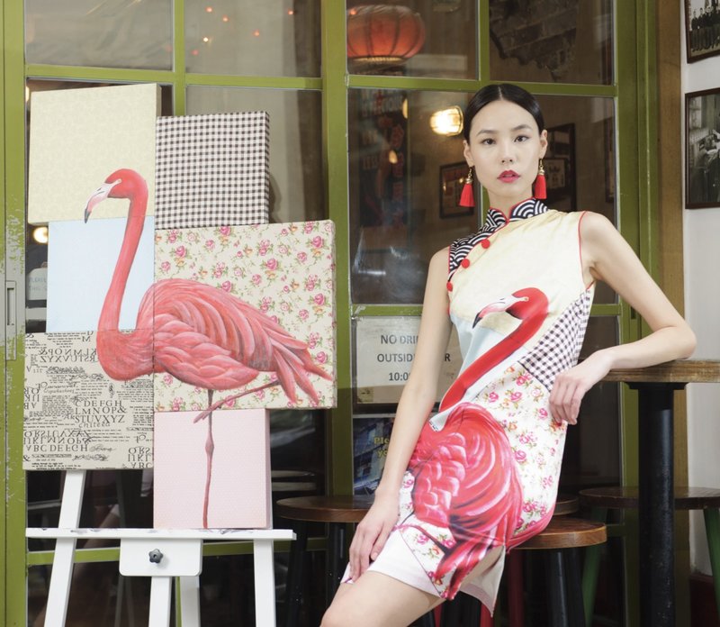 LEONLOLLIPOP 火烈鸟印花真丝旗袍 - 旗袍 - 丝．绢 