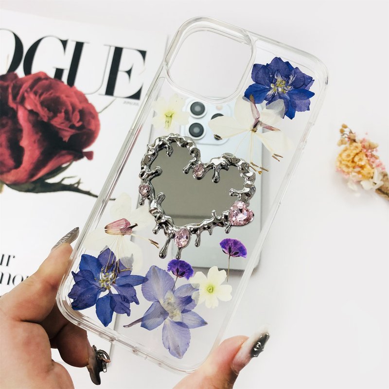 天然蓝白花押花镜子手机壳 适用于iPhone 16 Samsung S25 Google - 手机壳/手机套 - 植物．花 