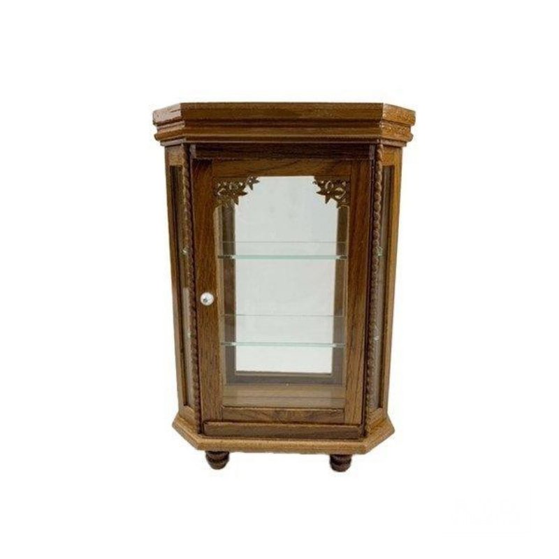 Miniature Showcase Back Glass Hexagon Round Foot Wooden Glass Case - 收纳用品 - 木头 咖啡色