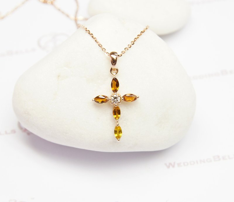 18K玫瑰金 渐变棕褐色 碧茜石吊坠/十字架/精致可爱 10月 生日石 - 项链 - 半宝石 金色