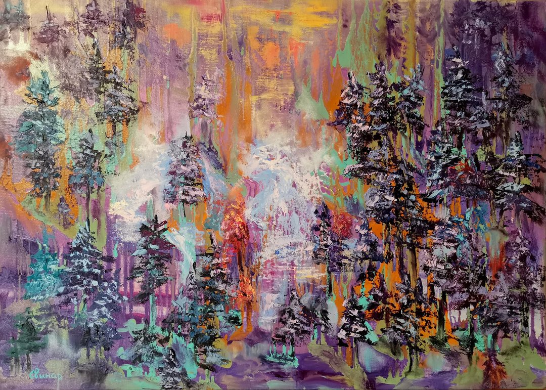 Waterfall Forest Abstract Sunset Impasto Art Original Oil Painting CanvasSvinar - 其他 - 其他材质 多色
