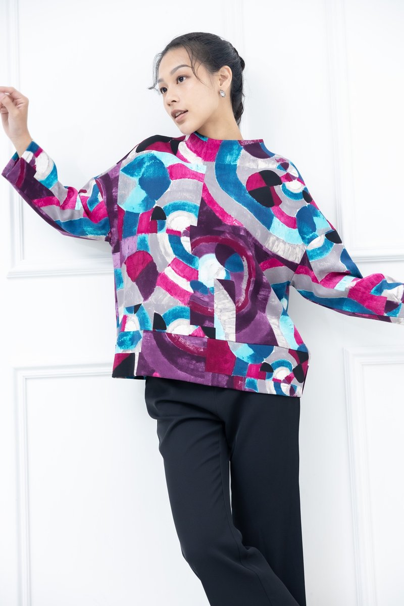 紫色调几何圆印花高船领上衣 - 女装上衣 - 其他材质 紫色