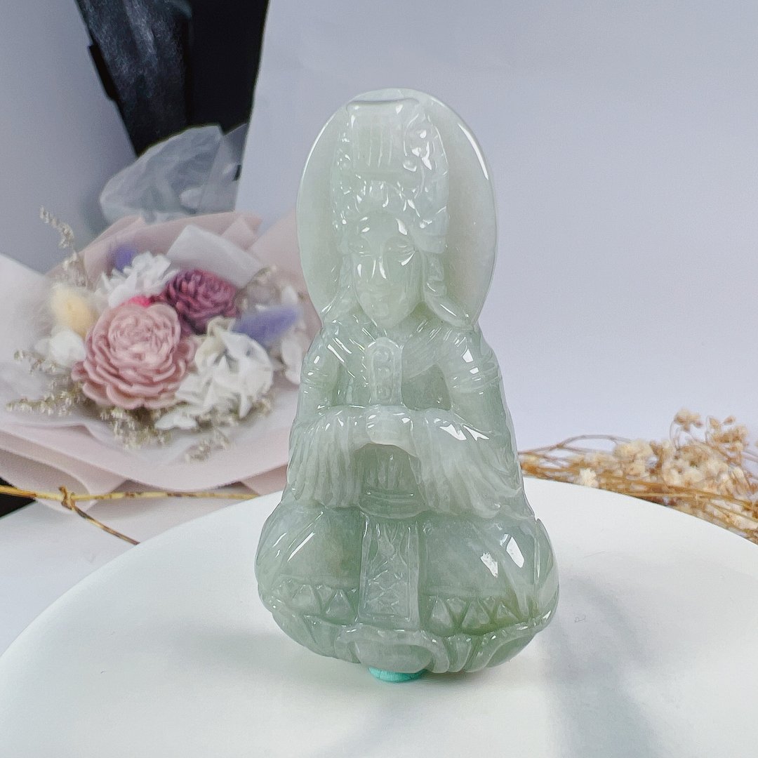 飘绿翡翠妈祖 | 天然缅甸A货翡翠 | 送礼 - 吊饰 - 玉石 透明
