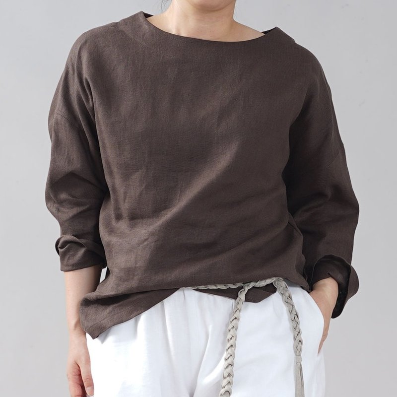 wafu - Midweight Linen Long Sleeve Crew Neck Top / Adobe Brown t002b-abn2 - 女装上衣 - 亚麻 咖啡色
