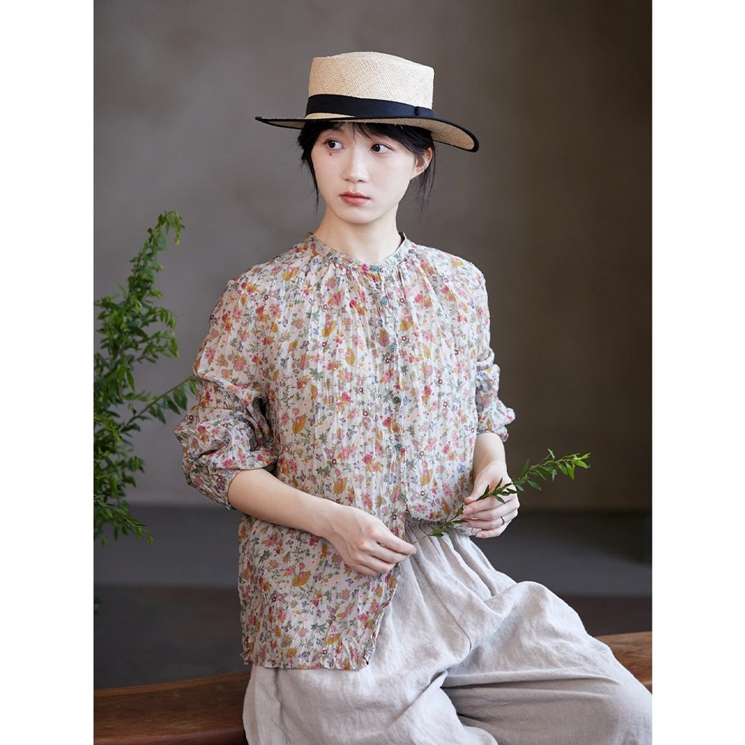 灰彩碎花桑蚕丝棉轻薄压褶女衬衫 - 女装衬衫 - 棉 