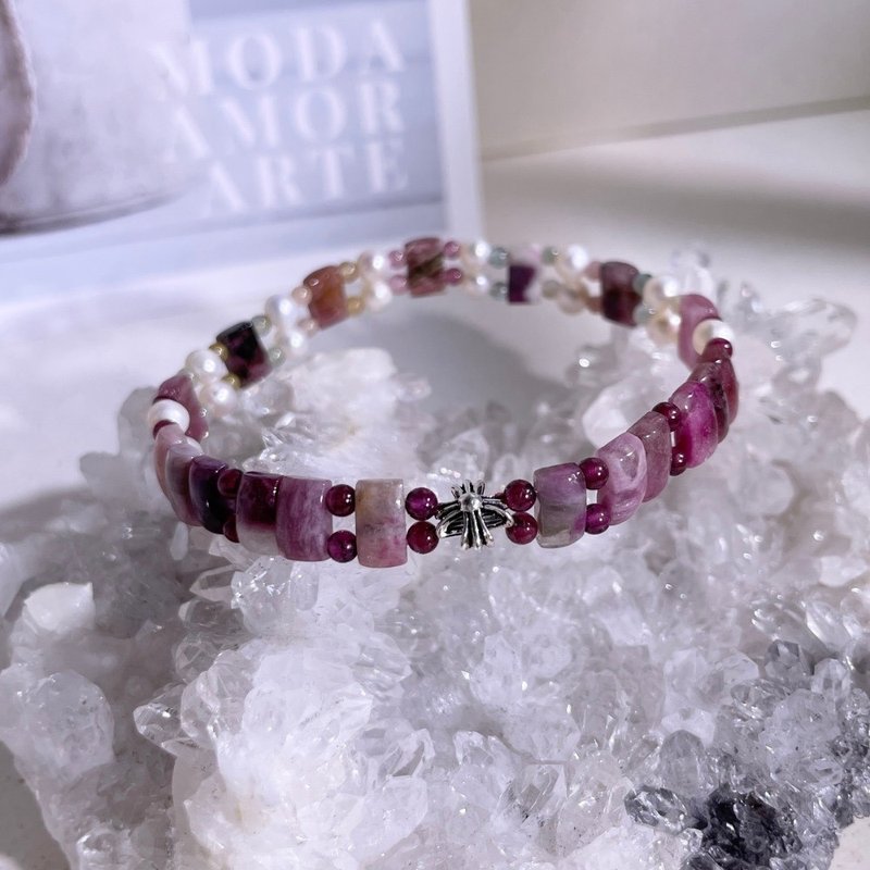 温柔的注解 纯银配件|天然淡水珍珠|碧玺|红石榴 |水晶手链 A27-2 - 手链/手环 - 水晶 粉红色