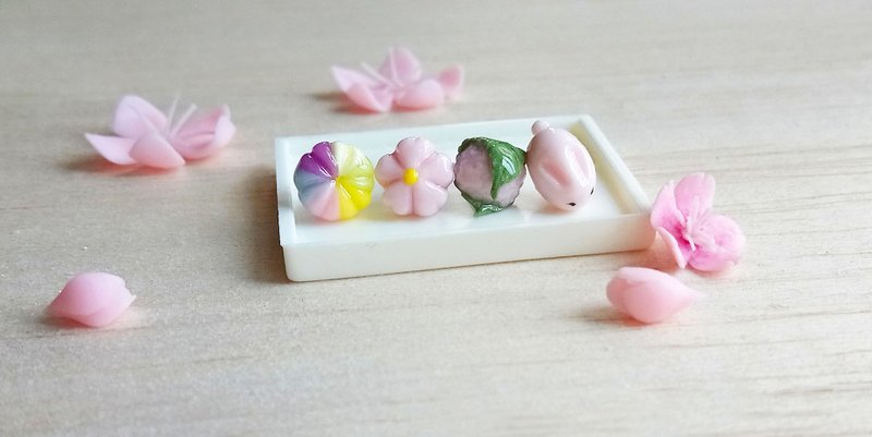 和菓子组  纯银耳环/耳夹 - 耳环/耳夹 - 粘土 粉红色