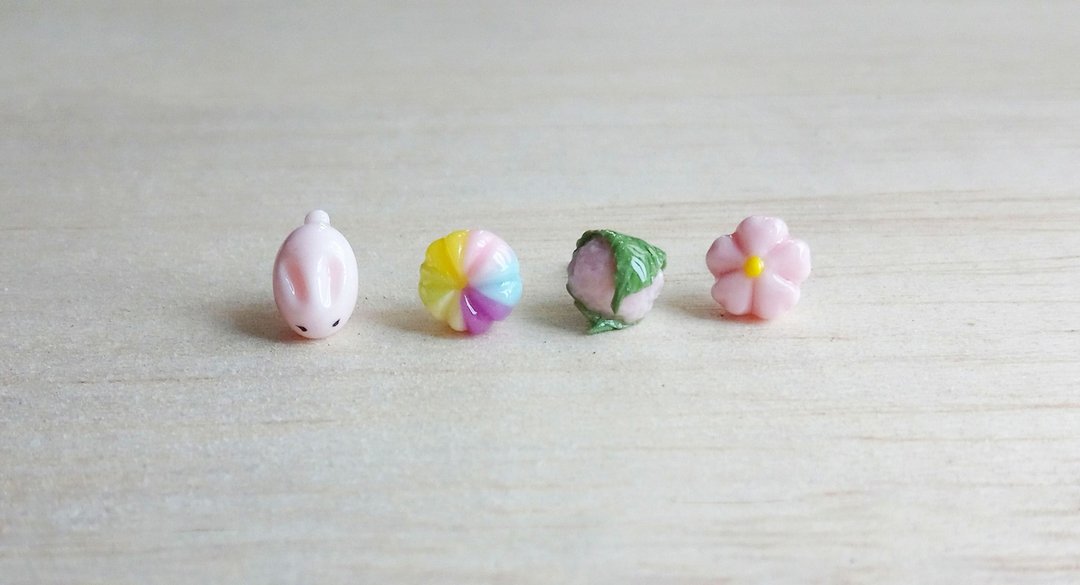 和菓子组  纯银耳环/耳夹 - 耳环/耳夹 - 粘土 粉红色