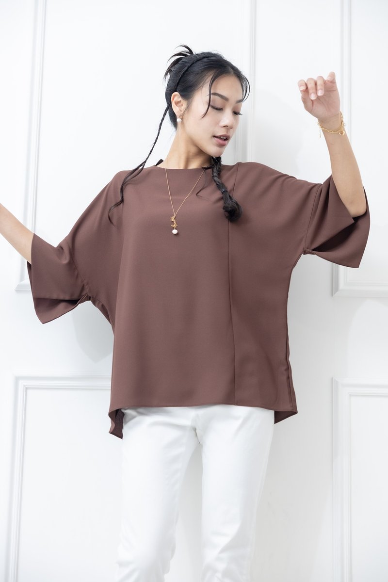 袖子开衩素色雪纺上衣 咖啡色 - 女装 T 恤 - 其他材质 咖啡色