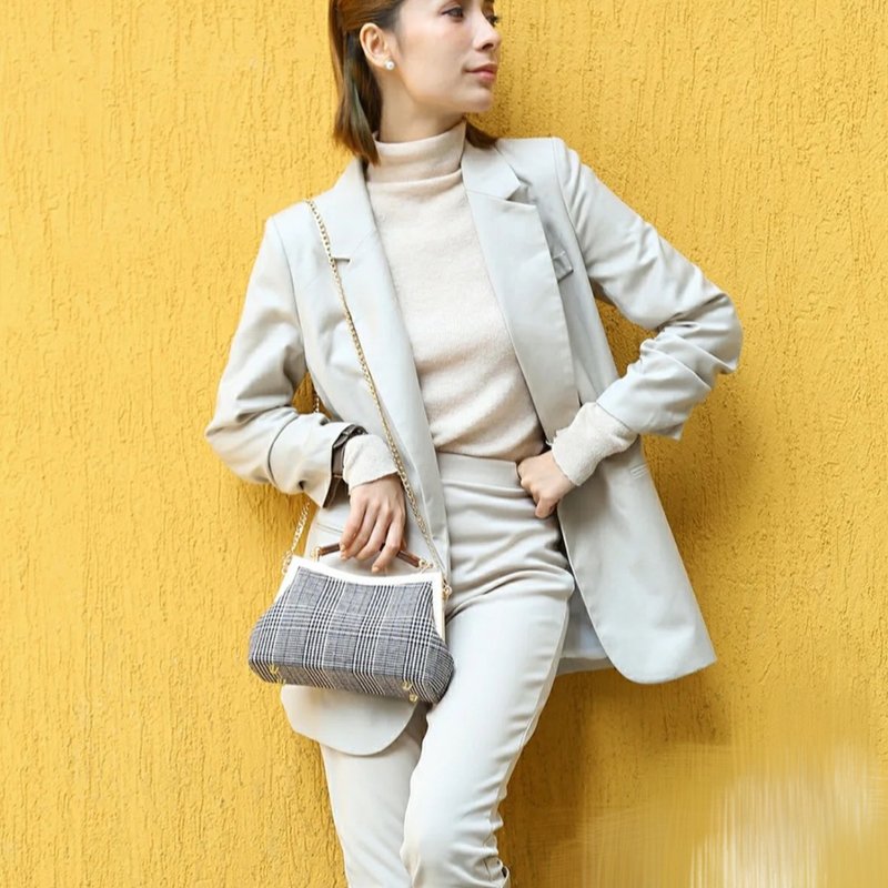 独家 复古千鸟格手提包 口金包 斜挎包 新年礼物 情人节礼物 - 手提包/手提袋 - 棉．麻 银色