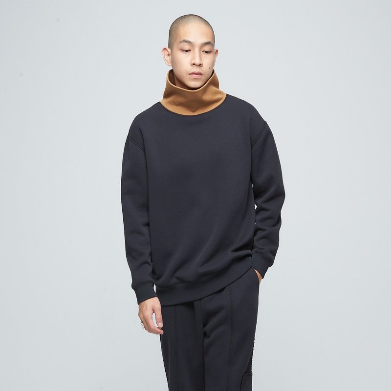 【限时5折】在台研发-剪边高领撞色卫衣(男)-无烟煤黑 - 男装上衣/T 恤 - 聚酯纤维 黑色