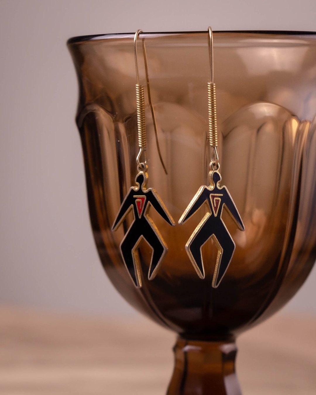 美国 Laurel Burch 设计师品牌古董 黑红珐琅部落风 人形镀金耳勾 - 耳环/耳夹 - 珐琅 黑色