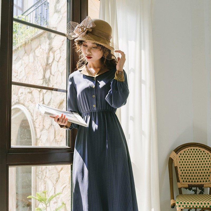 2019秋冬新款安妮陈法式复古条纹连衣裙桔梗裙收腰显瘦裙子女9659 - 洋装/连衣裙 - 其他材质 