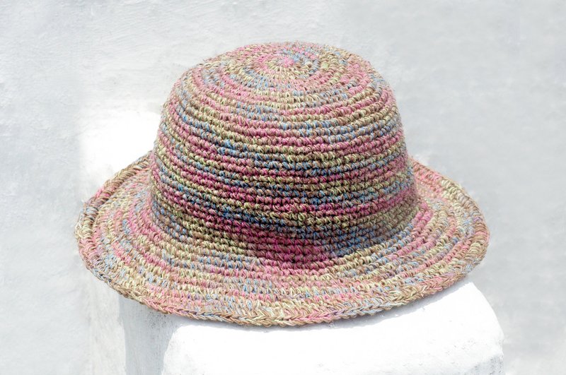 情人节礼物 生日礼物 限量一件手工编织棉麻帽/编织帽/渔夫帽/遮阳帽/草帽/草编帽 - 热带渐层森林 缤纷条纹 - 帽子 - 棉．麻 多色