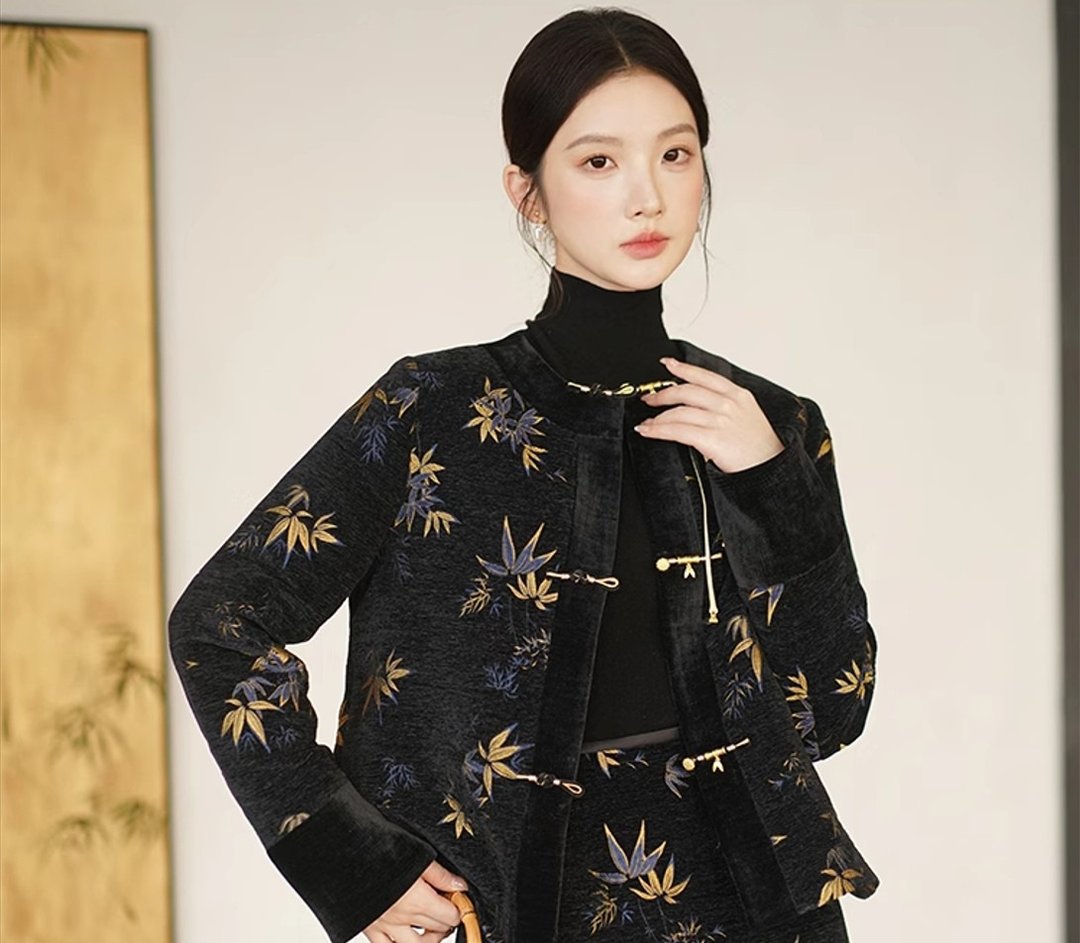 新中式复古中国风 印花盘扣 外套/半裙 - 女装上衣 - 其他材质 黑色