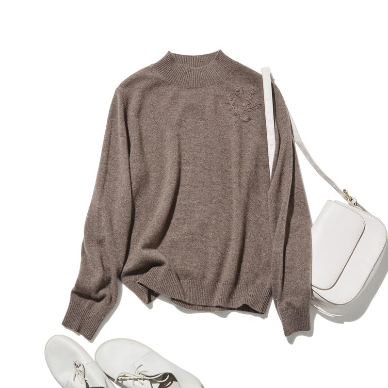 手绣的叶与蝶，增添一抹玩味。极致羊绒罗纹领针织衫 羊绒毛衣 棕色 251127-2 - 女装针织衫/毛衣 - 羊毛 咖啡色