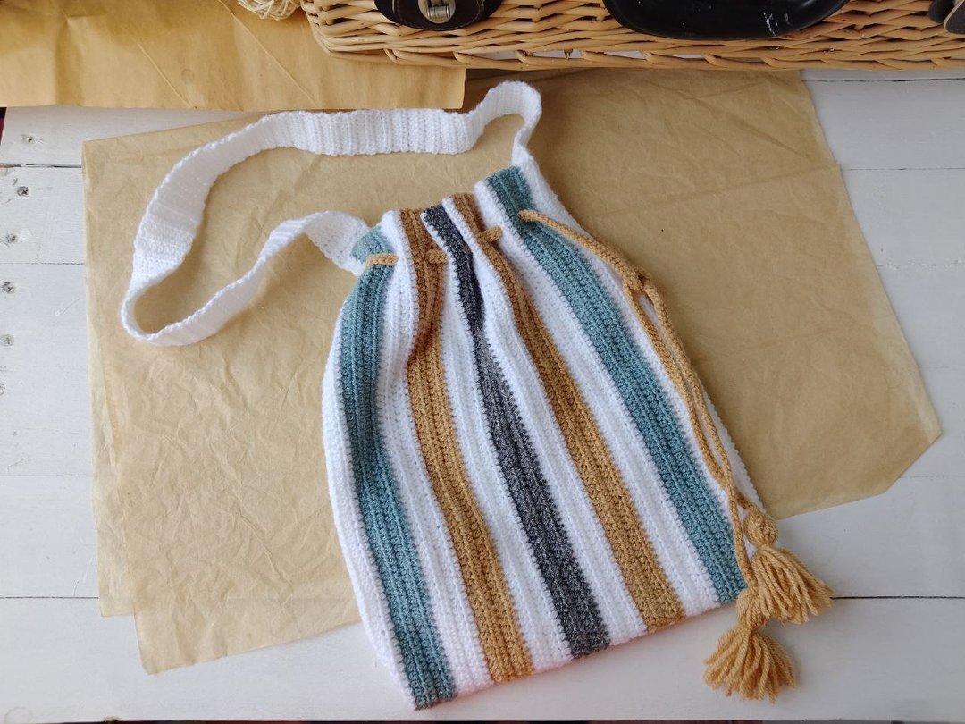 Ruched Drawstring Bag/Side Backpack/Woven Bag/Striped shopper bag/String color - 手提包/手提袋 - 棉 多色