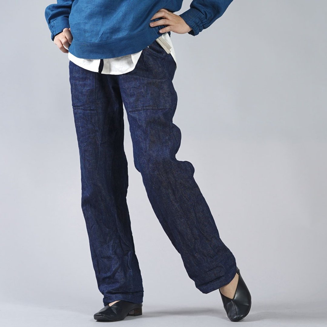 wafu --Flax beef long trousers Heavyweight Linen Denim Baker Pants / Indigo b013k-ind3 - 中性裤装 - 亚麻 蓝色