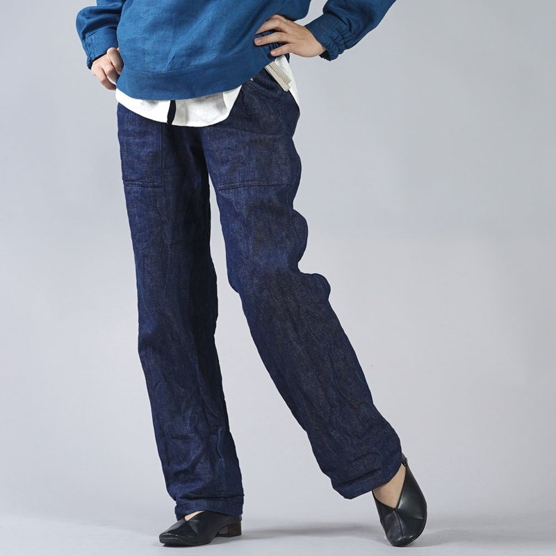wafu --Flax beef long trousers Heavyweight Linen Denim Baker Pants / Indigo b013k-ind3 - 中性裤装 - 亚麻 蓝色