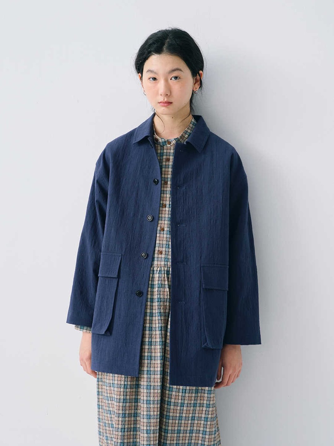 深蓝棉麻工装感宽松风衣外套 - 女装西装外套/风衣 - 棉 多色