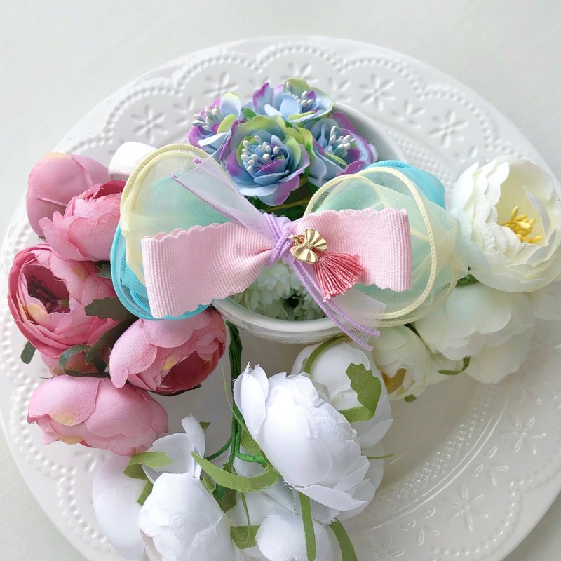 亮彩澎澎欧根纱儿童发夹-鹅黄+蓝绿 - 发饰 - 其他材质 多色