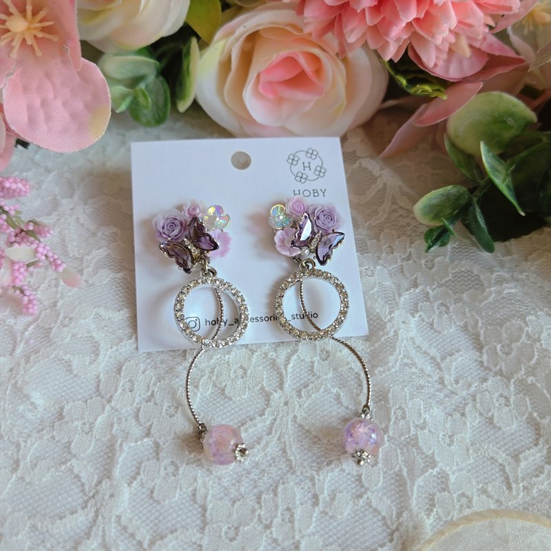 月光下的罗曼史 Moonlit Romance  耳环/耳钉/耳夹 原创 手作 - 耳环/耳夹 - 不锈钢 紫色