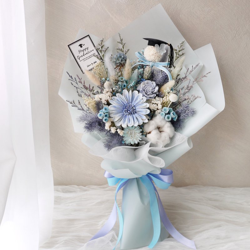 二代毕业花束-天空蓝 /学士帽/蝴蝶结 - 干燥花/捧花 - 植物．花 蓝色