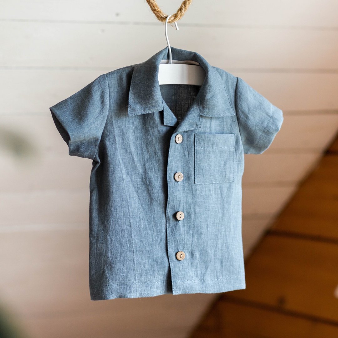 Kids Linen Shirt, Toddler Boy T-Shirts, Children Clothes from Natural Linen - 童装上衣 - 亚麻 蓝色