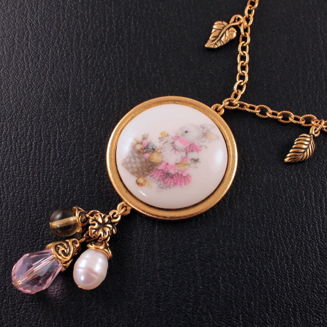 Cute Pink Bunny Rabbit Hare Porcelain Cameo Gold Charm Pendant Necklace Jewelry - 项链 - 瓷 粉红色